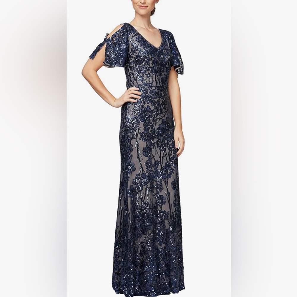NWT Alex Evenings Navy Blue Lace and Sequence Bridal Gown‎ - Size - 10